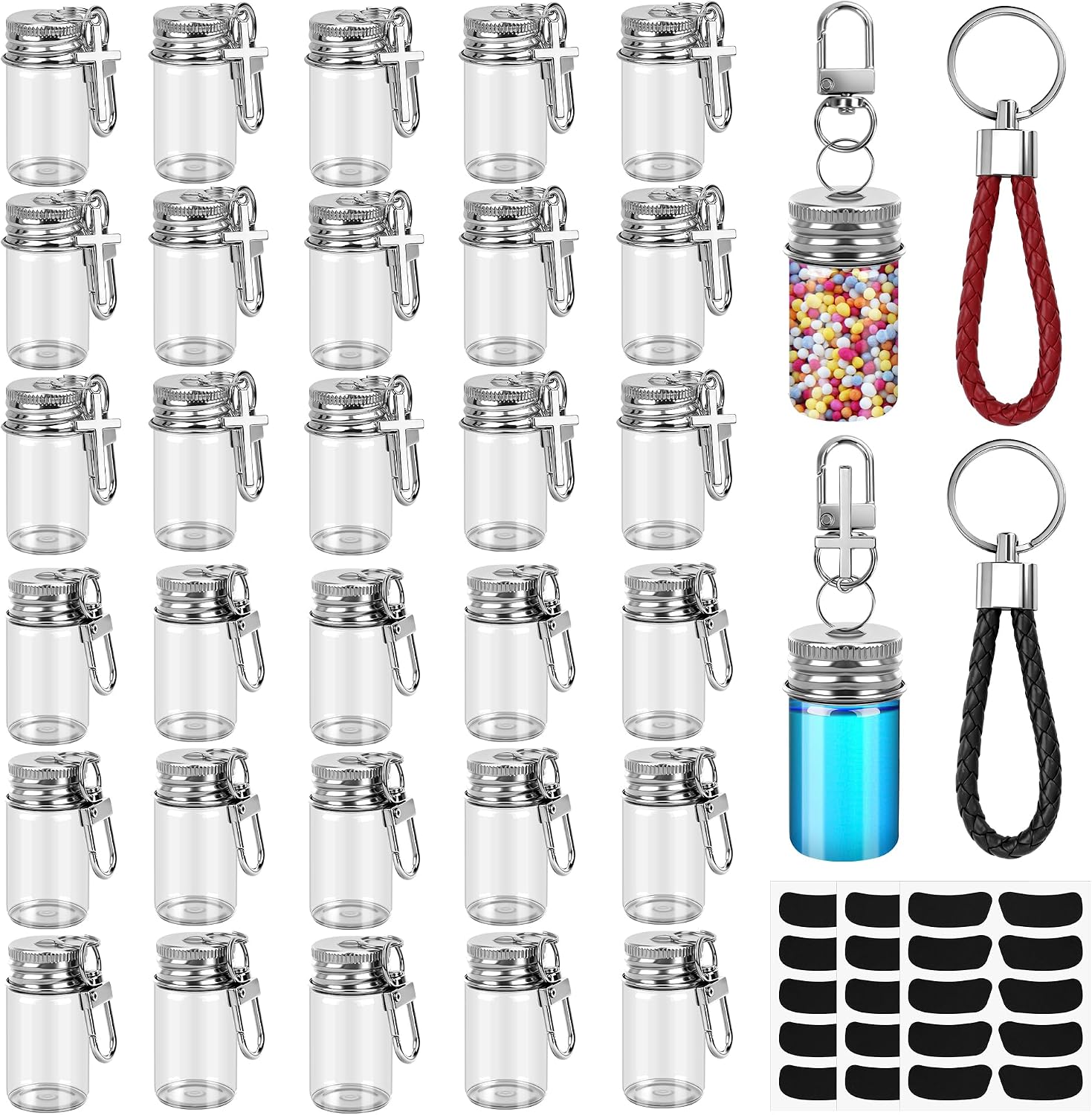 35 Pcs 7ml Small Glass Bottle Keychain Bulk with Leather Keyring & Sticker