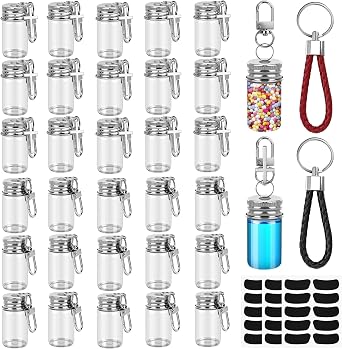 35 Pcs 7ml Small Glass Bottle Keychain Bulk with Leather Keyring & Sticker | Metal Lid Mini Seasoning Bottles,Tiny Glass Message Potion Bottles for DIY Wish Jars, Home & Travel Gifts