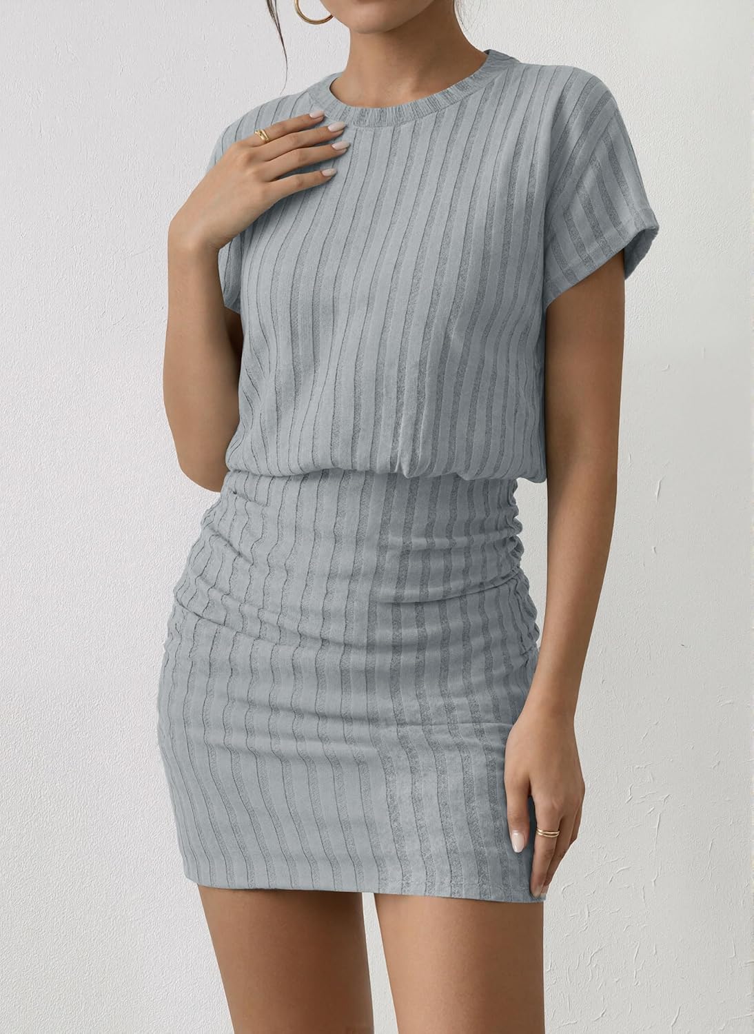 HBQ Women's Pullover Sweater Dress Casual Short Sleeve Crew Neck Cute Ribbed Knit Bodycon Mini Short Dress 2026 Summer - Image 4