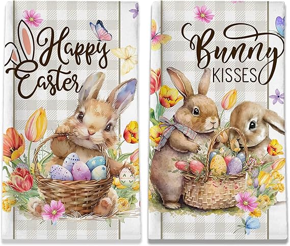 Easter Kitchen Towels Set of 2 Bunny & Happy Easter Eggs (18x28 Inches)
