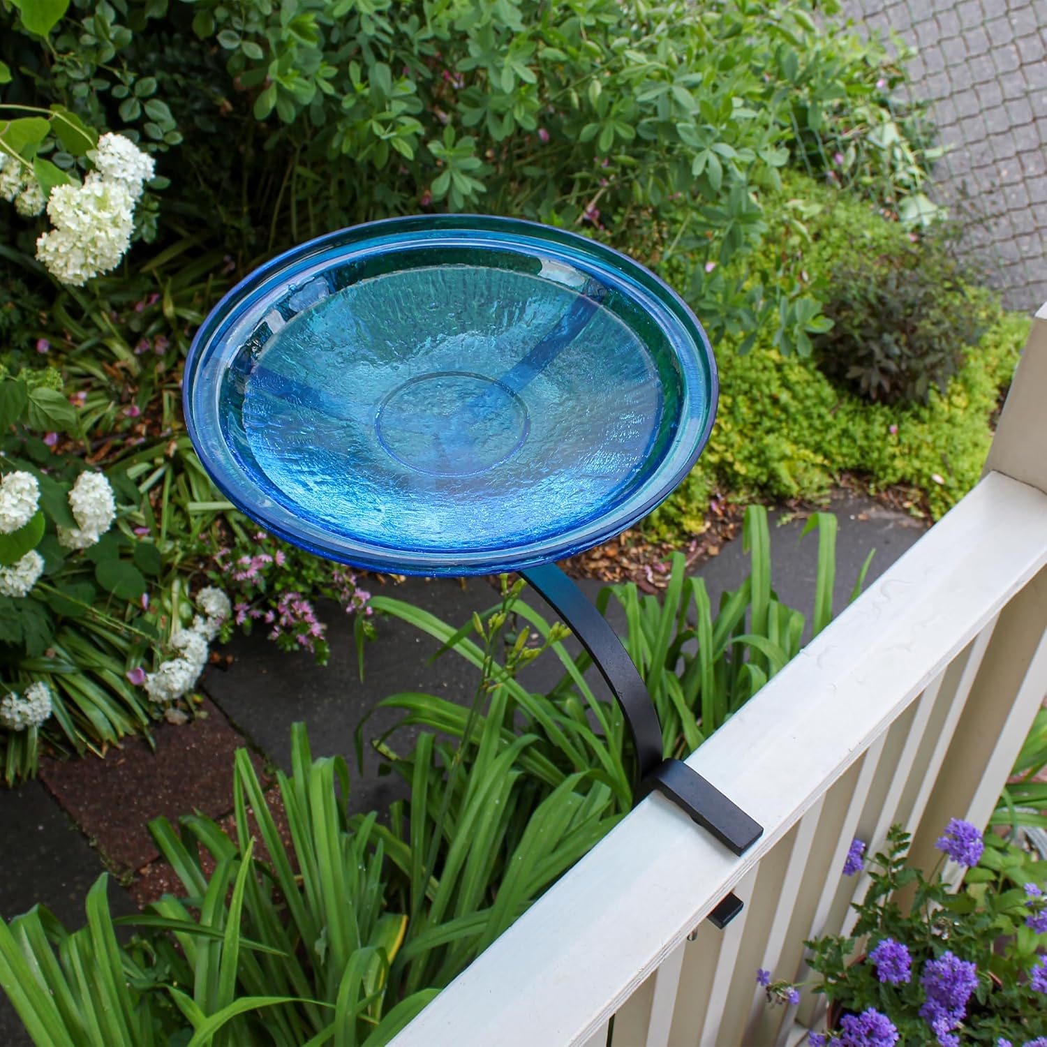 14" Teal Crackle Birdbath- Rail Mount Bracket