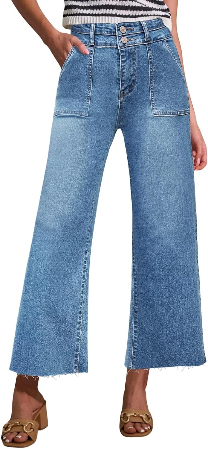 Allimy Womens High Rise Two Button Closure Cropped Jeans Wide Leg Front Slip Pockets Frayed Hem Denim Pant