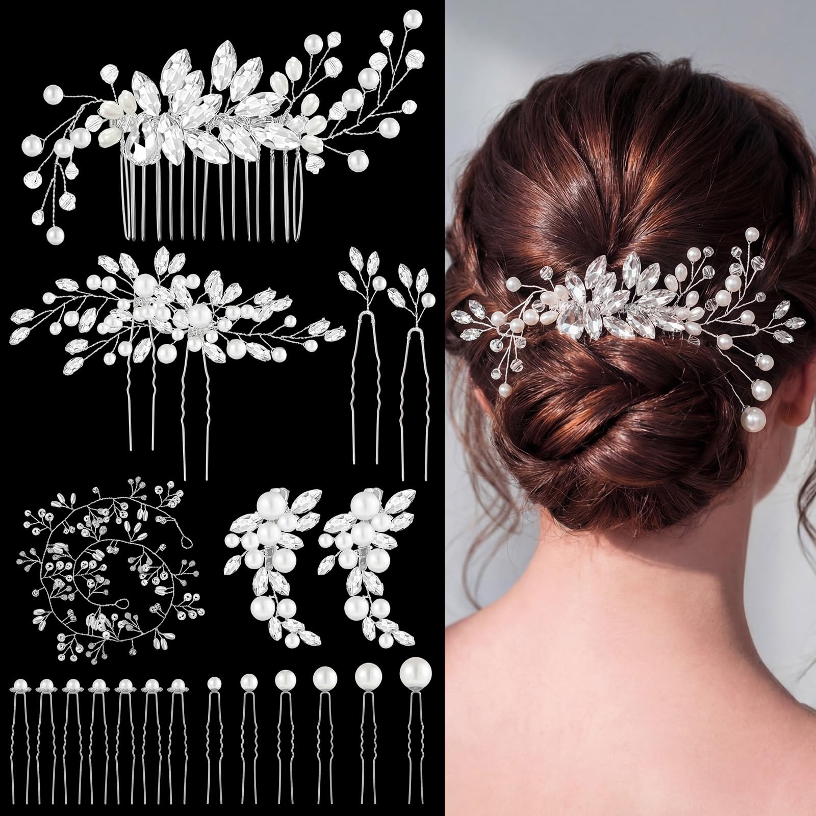 44 pezzi pettine per capelli da sposa, perle finte, accessori per capelli da sposa, fermagli laterali per capelli a forma di U, con strass, per sposa, damigella d'onore (stile fresco)