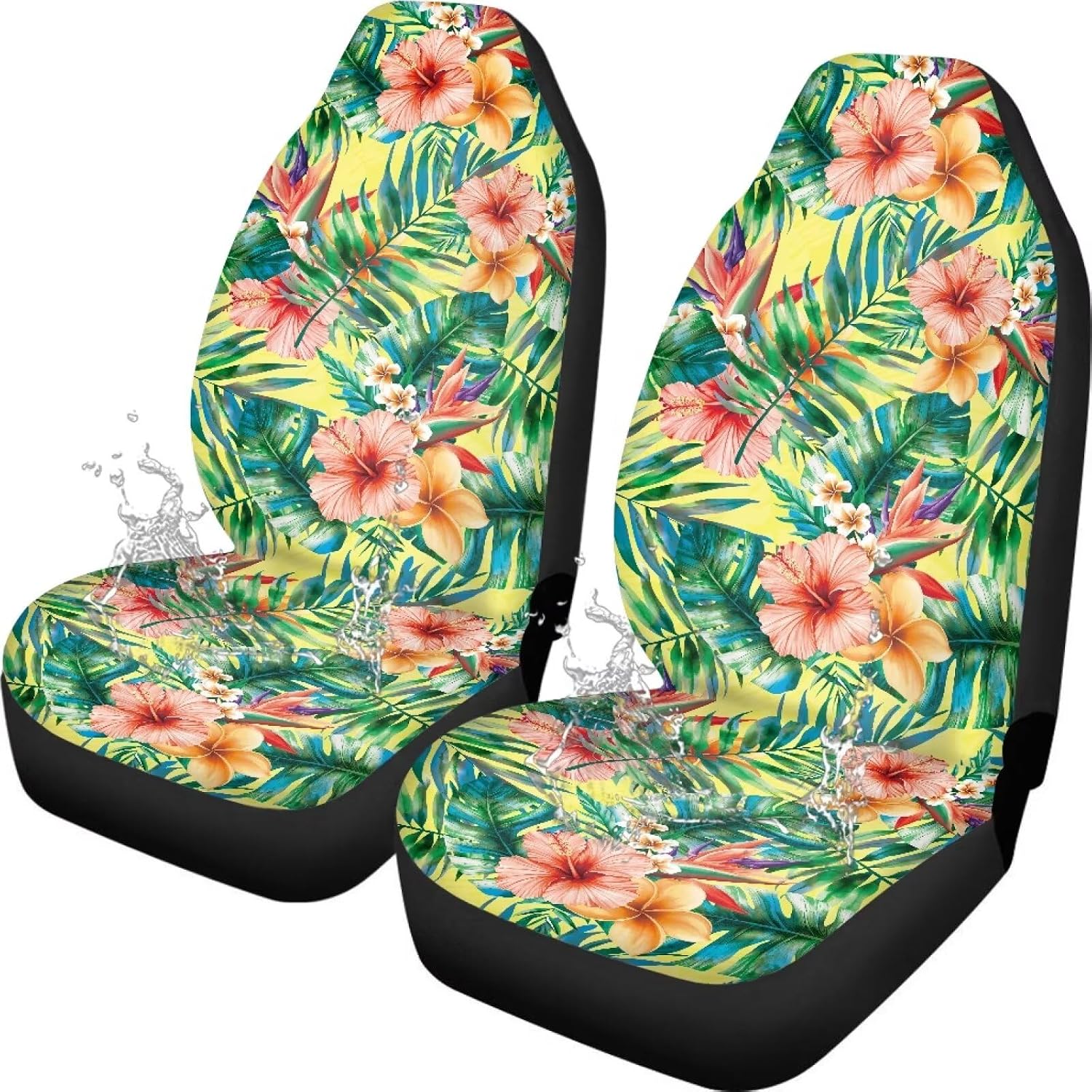Tropical Floral Car Seat Covers 2 Pcs Stretch Polyester Fabric Cover Waterproof Car Seat Cover Easy Installation Universal Size Fit for Most Cars SUVs Trucks Vans