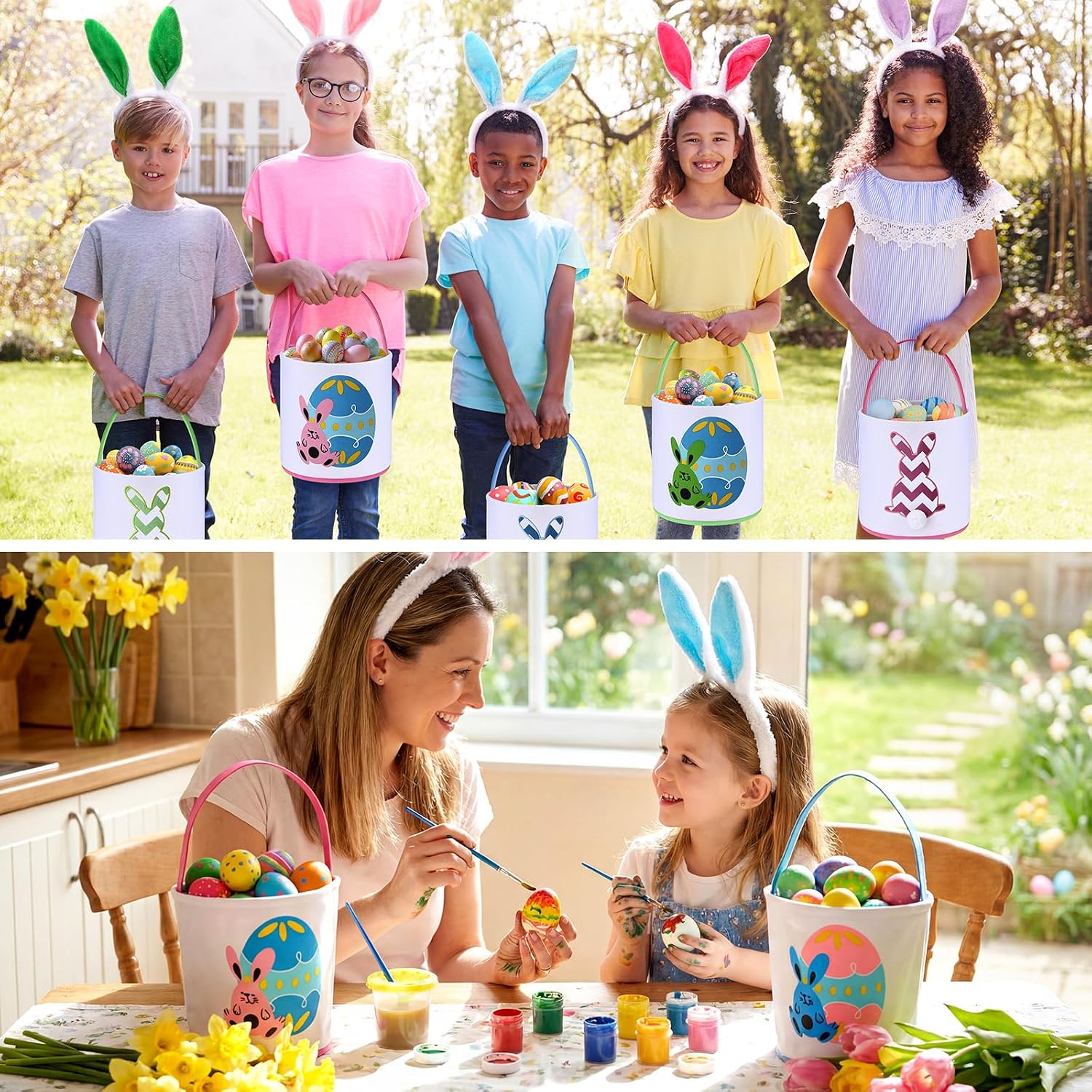 Domensi 12 Pcs Easter Basket Set for Kids Canvas Easter Baskets with Handles and Plush Bunny Ear Headbands, Reusable Small Bags Bulk for Egg Hunt Supplies(Cute)