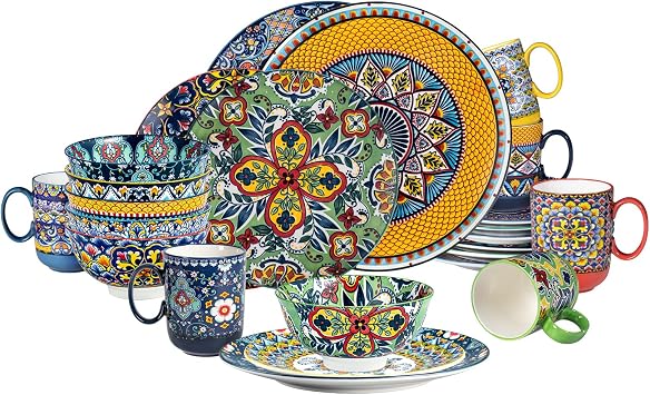 Boho Ceramic Dinnerware Set for 6 14oz Mugs, 24oz Bowls, 10.5 Dinner Plates & 8.5 Salad Plates Colorful Porcelain Dish Set, Microwave, Oven & Dishwasher Safe, Porcelain Tableware