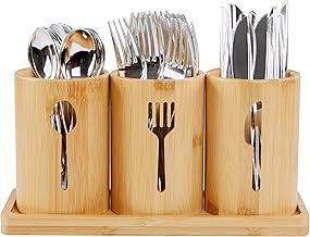 منظم أدوات مائدة من 7بين، بتصميم ريفي، بلون خشبي فاتح، مصنوع من الخيزران، قابل للفصل مع فتحات تصريف ومقسم، ثلاثة أكواب