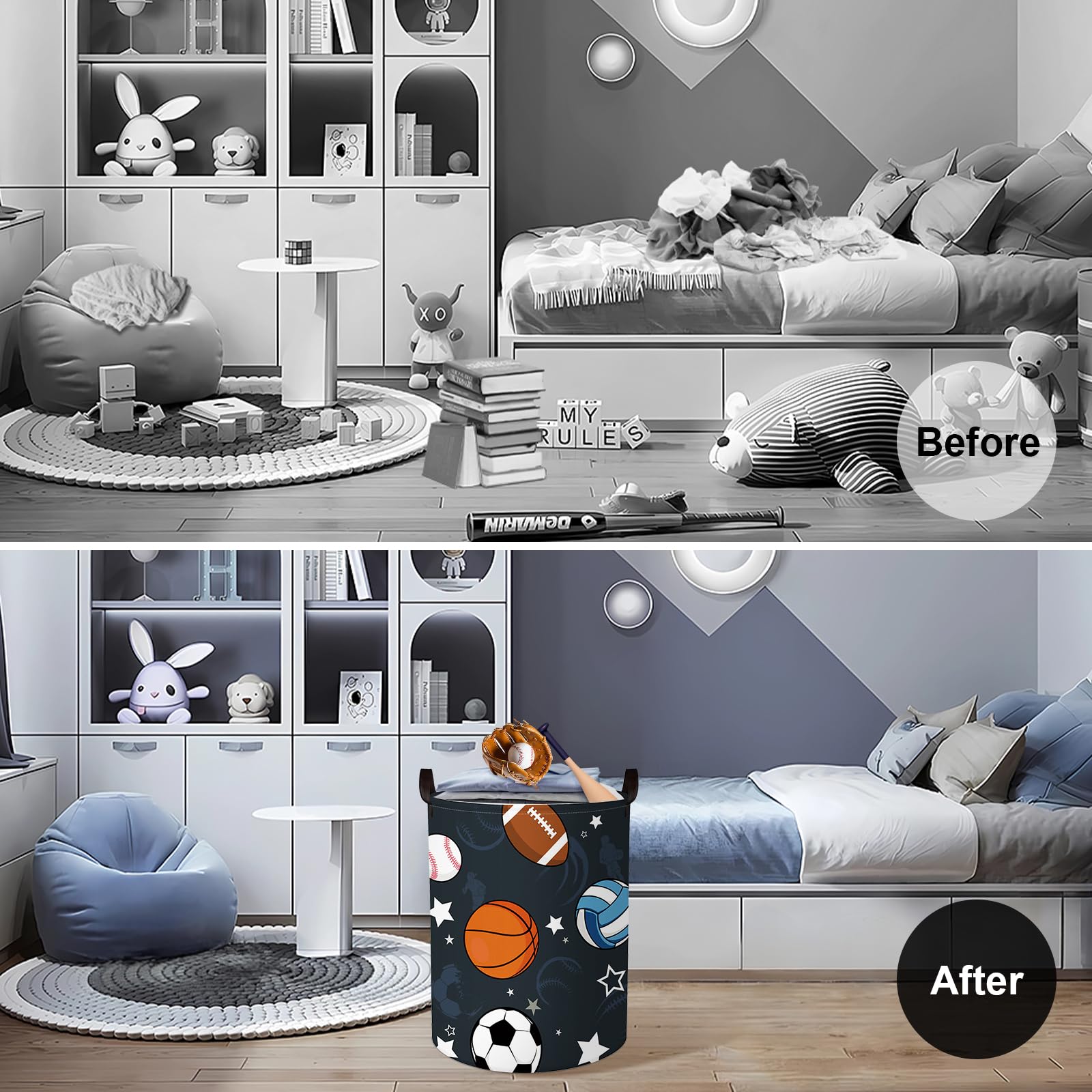 Clastyle 45L Waterproof Sports Laundry Basket with Drawstring Collapsible Football Basketball Storage Laundry Hamper for Bedroom, 14.2 * 17.7 in