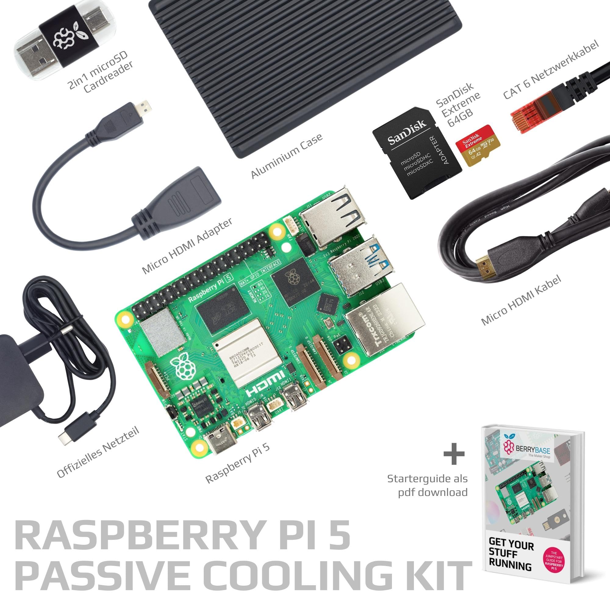 Raspberry Pi 5 4GB, Starter Kit mit passivem Kühlkörper, Full Armor Aluminiumgehäuse, 64GB SanDisk Extreme microSD-Karte, USB-C Netzteil, HDMI Kabel, Cardreader & CAT6 Netzwerkkabel komplett