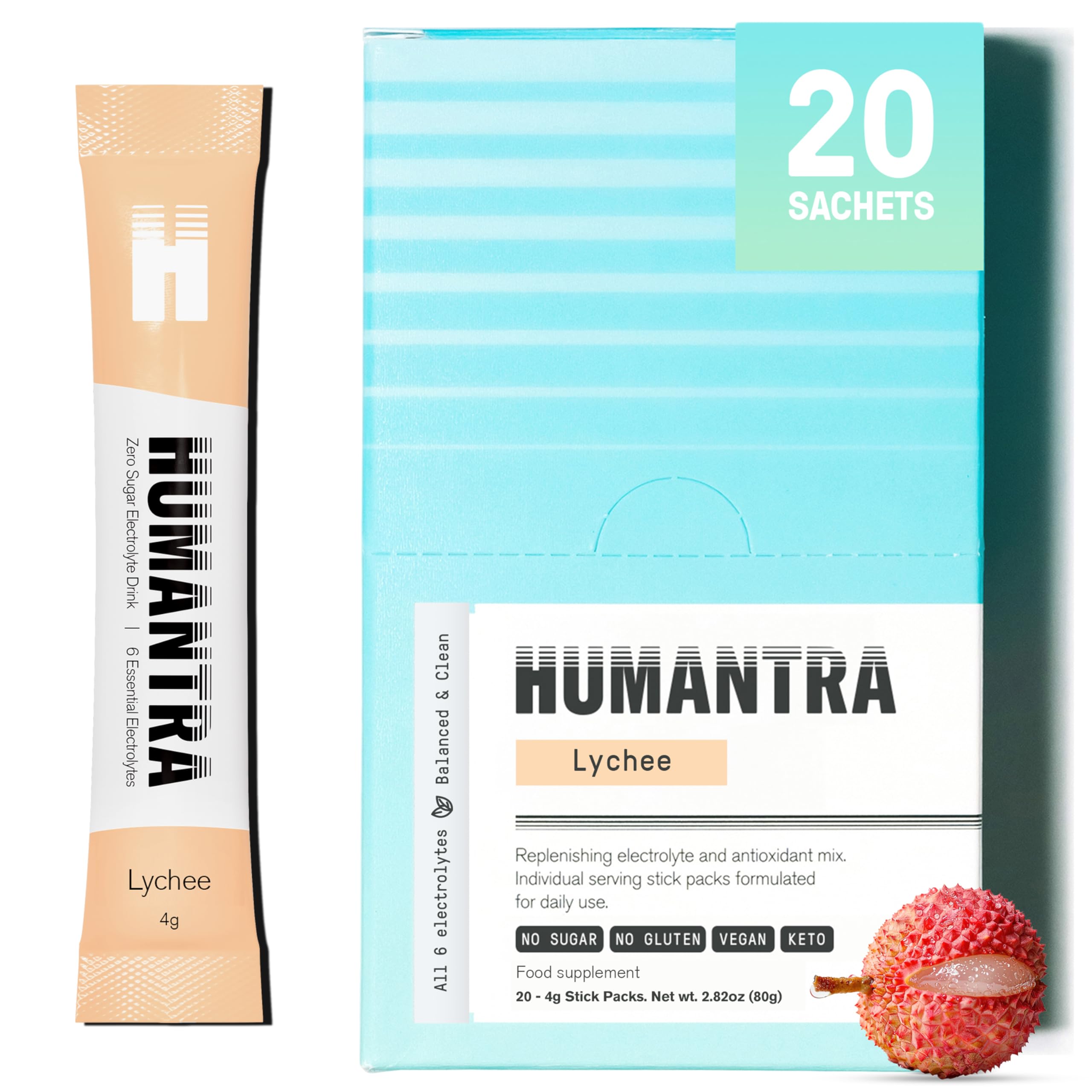 Humantra Electrolyte Packets | Zero Sugar | W/ 6 Electrolytes | Electrolytes Powder (20 Count, Lychee)