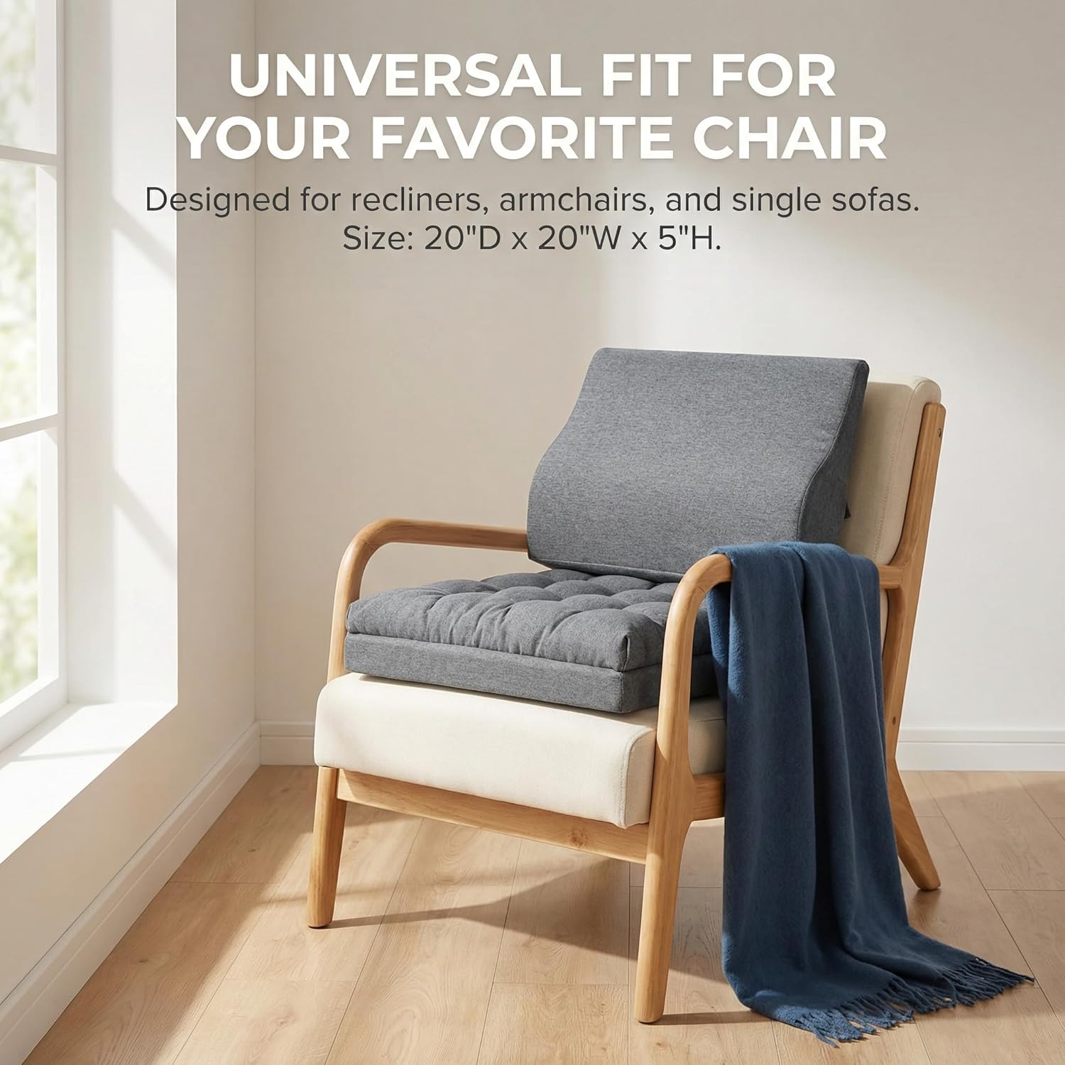 baibu Large Memory Foam Recliner Cushions with Lumbar Support Pillow for Elderly, 20x20x5 Inch Thick Dual-Layer Patent Design Non-Slip Recliner Seat Cushion for Reduce Hip & Lumbar Pain, Dark Grey - Image 6