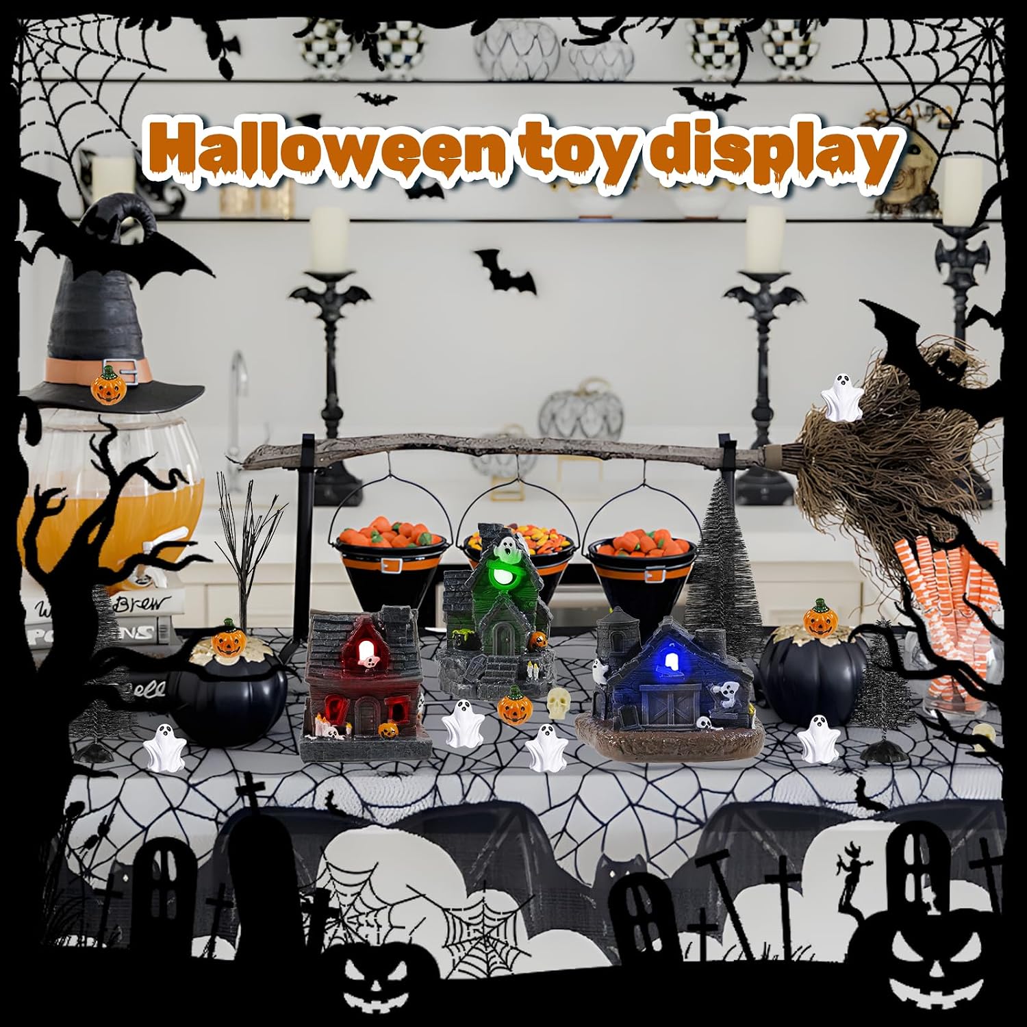 51PCS Halloween Village Houses with Ghost Pumpkins Spider