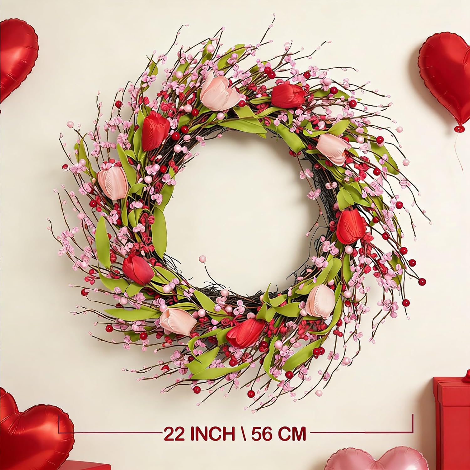 idyllic 22 Inch Valentine's Day Pink Tulip Wreath with Bow, Valentines Decorations for Front Door Mantel Window Porch Indoors Outside Wedding Anniversary Decor