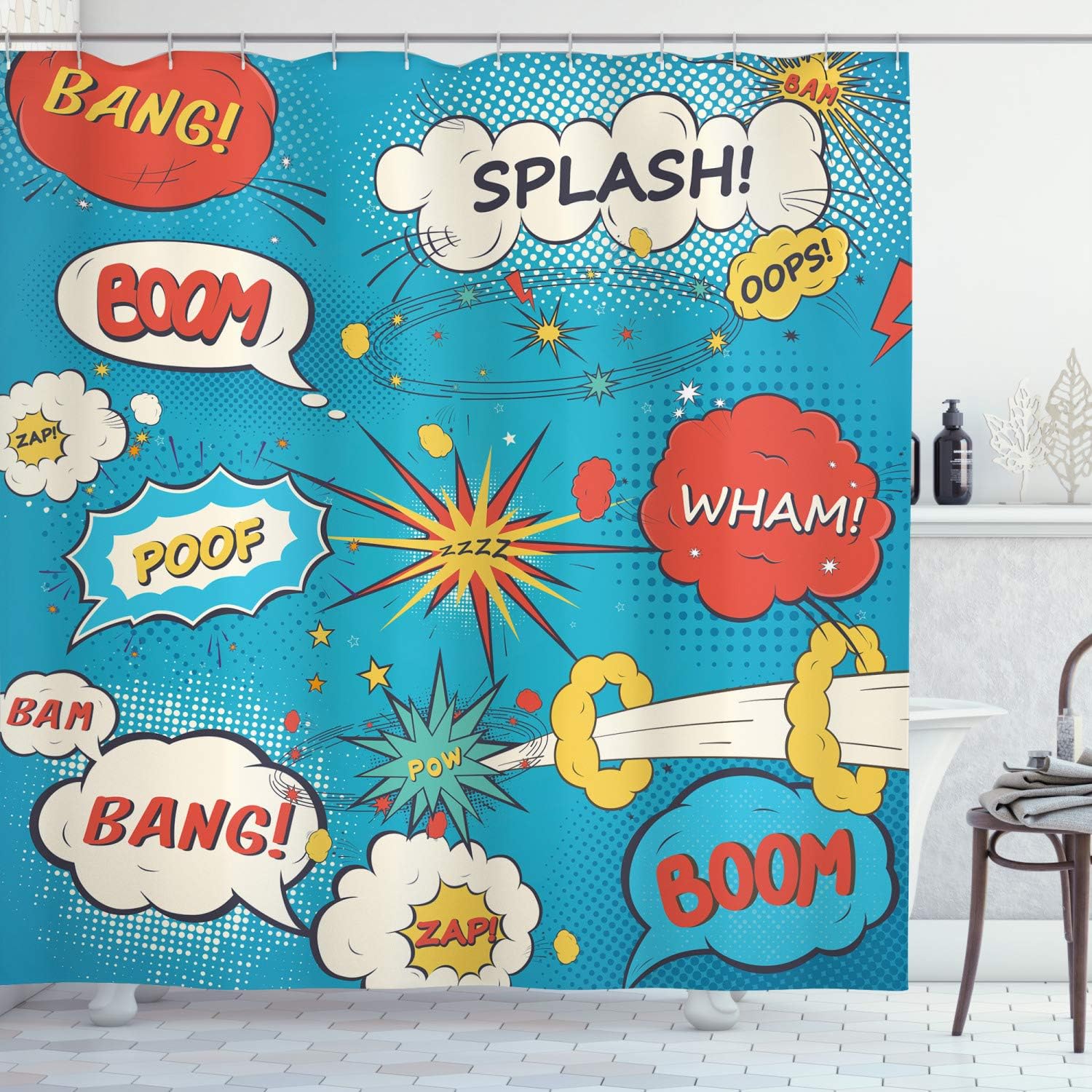 Ambesonne Superhero Shower Curtain, Pop Art Style Comic Speech Bubbles Funny Humor Expressions Boom Splash Bang, Cloth Fabric Bathroom Decor Set with Hooks, 69" W x 75" L, Cream Blue