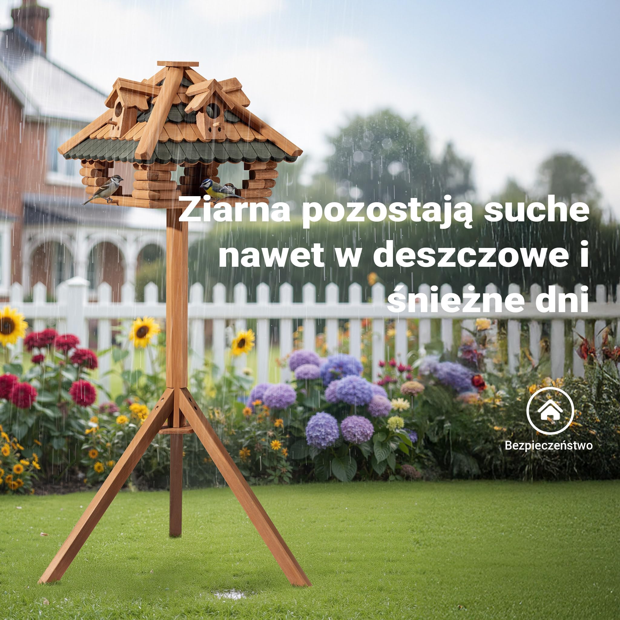 Karmnik domek dla ptaszków ze stojakiem z drewna jodłowego 115cm dla dzikich ptaków z lukarnami