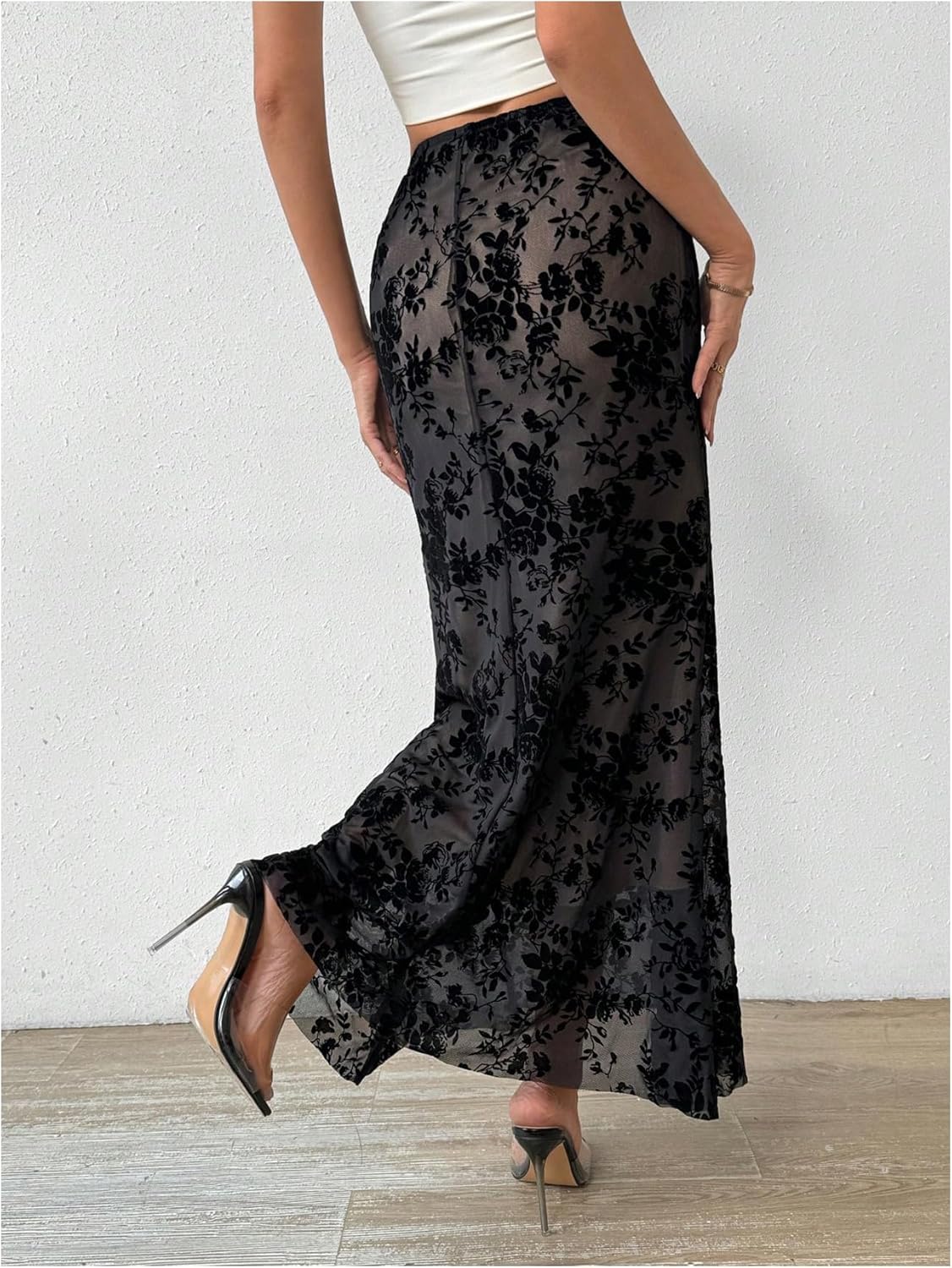 GORGLITTER Women's Mesh Gothic Pencil Maxi Skirts Fall Trendy Y2K Goth Festival Rave Floral Velvet Fishtail Long Skirts - Image 2