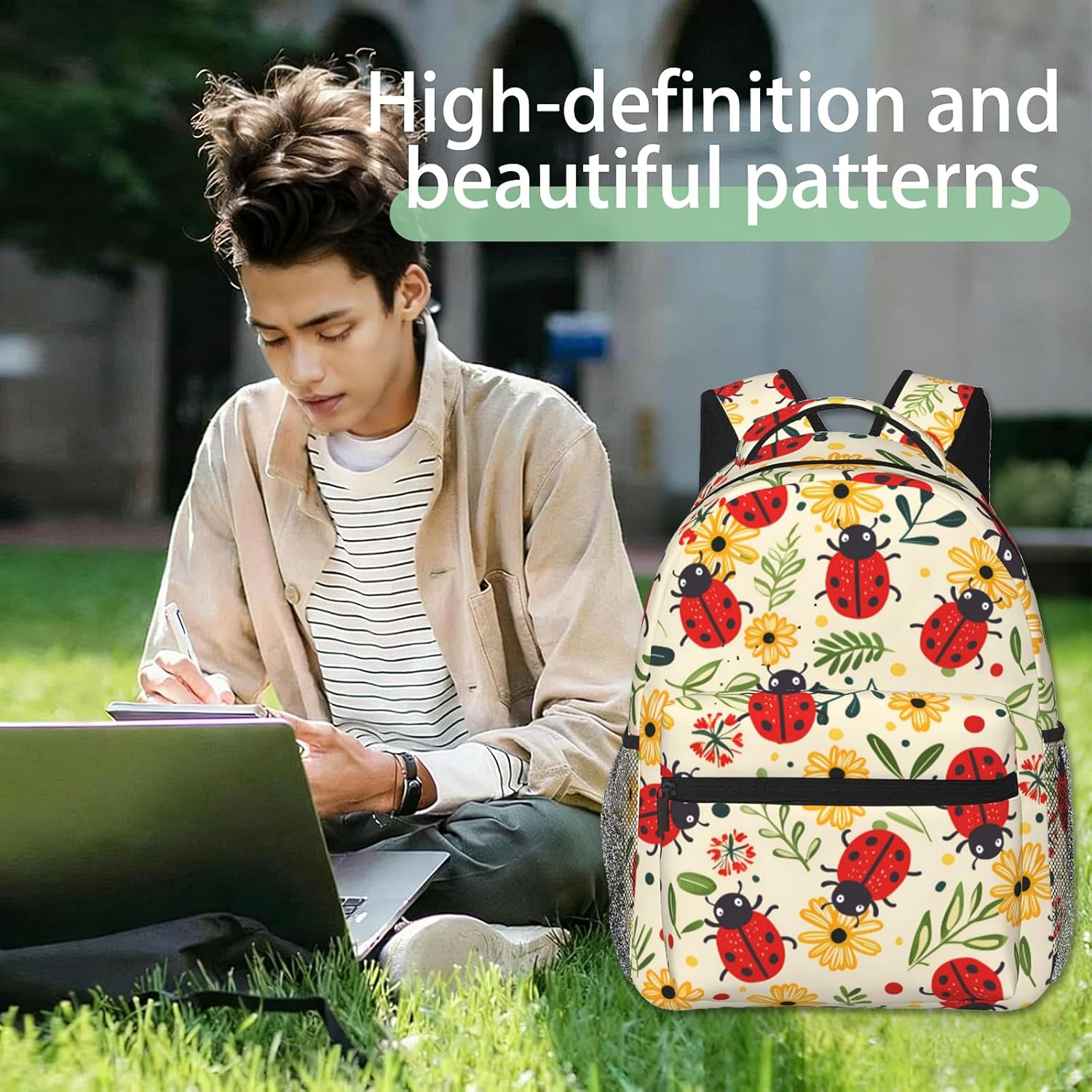 Funny Ladybug Floral Backpack, Polyester Backpacks with Straps, 11.4inx5.9inx15.7in, Multi-Pocket Storage Bookbag, Ideal For School Travel Work Hiking Camping, Girls Boys Women Gifts