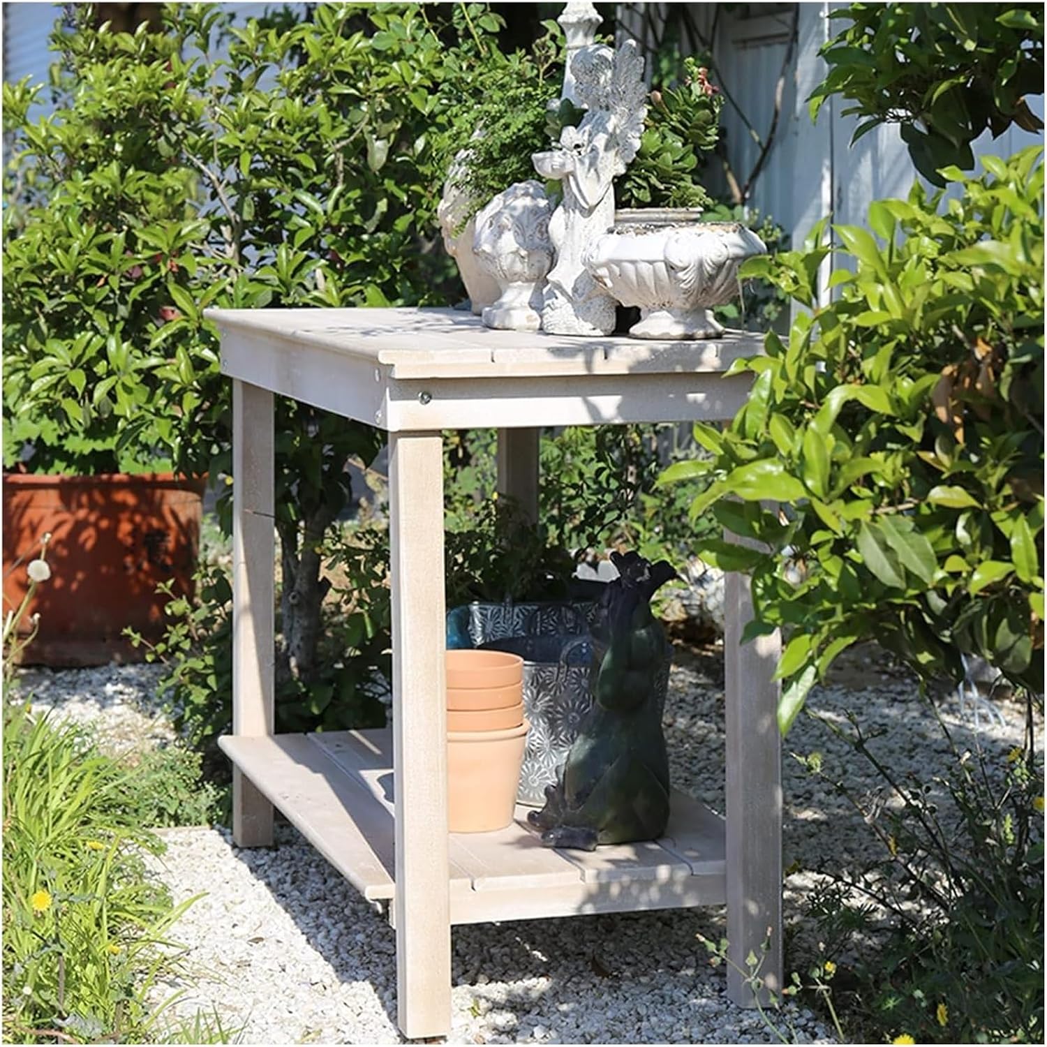 Potting Bench Table,Garden Potting Table, Outdoor Garden Potting Bench Wooden Workstation Table Open Shelf Multifunction Storage Flower Plant Workstation for Patio Courtyards Balcony, Brown