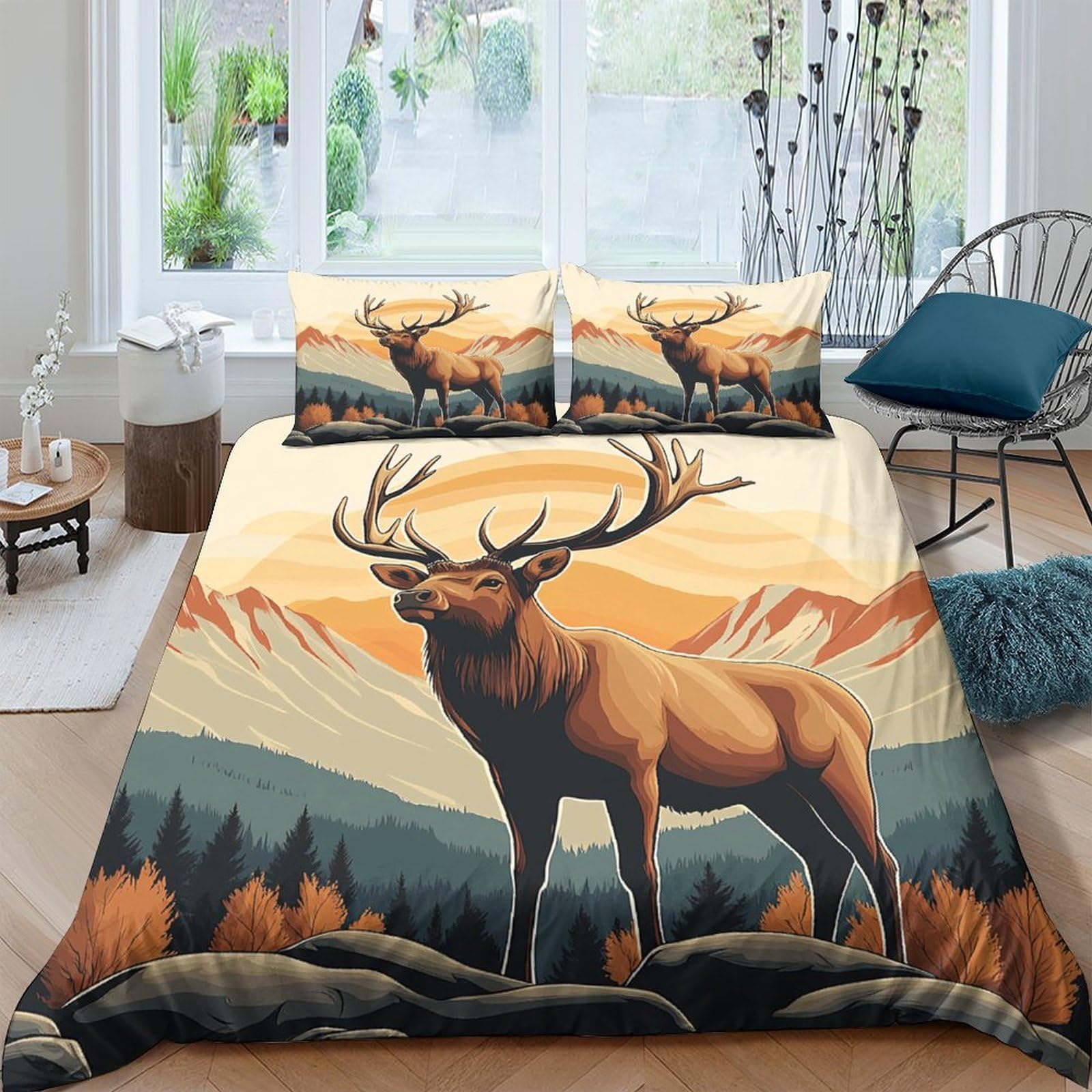 Ctjqhvkz Style-1 3D Printed Mountain Sunrise Fitted Sheet Microfiber Soft Stag Forest Mattress Cover For Bedroom Decor Single（135X200cm）