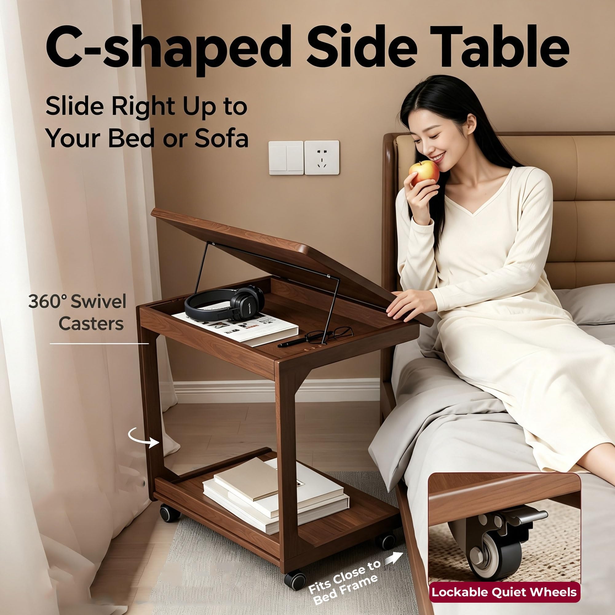 Mesa Auxiliar De Madera con Bandeja Inclinable Y Ruedas,Mesa En Forma C