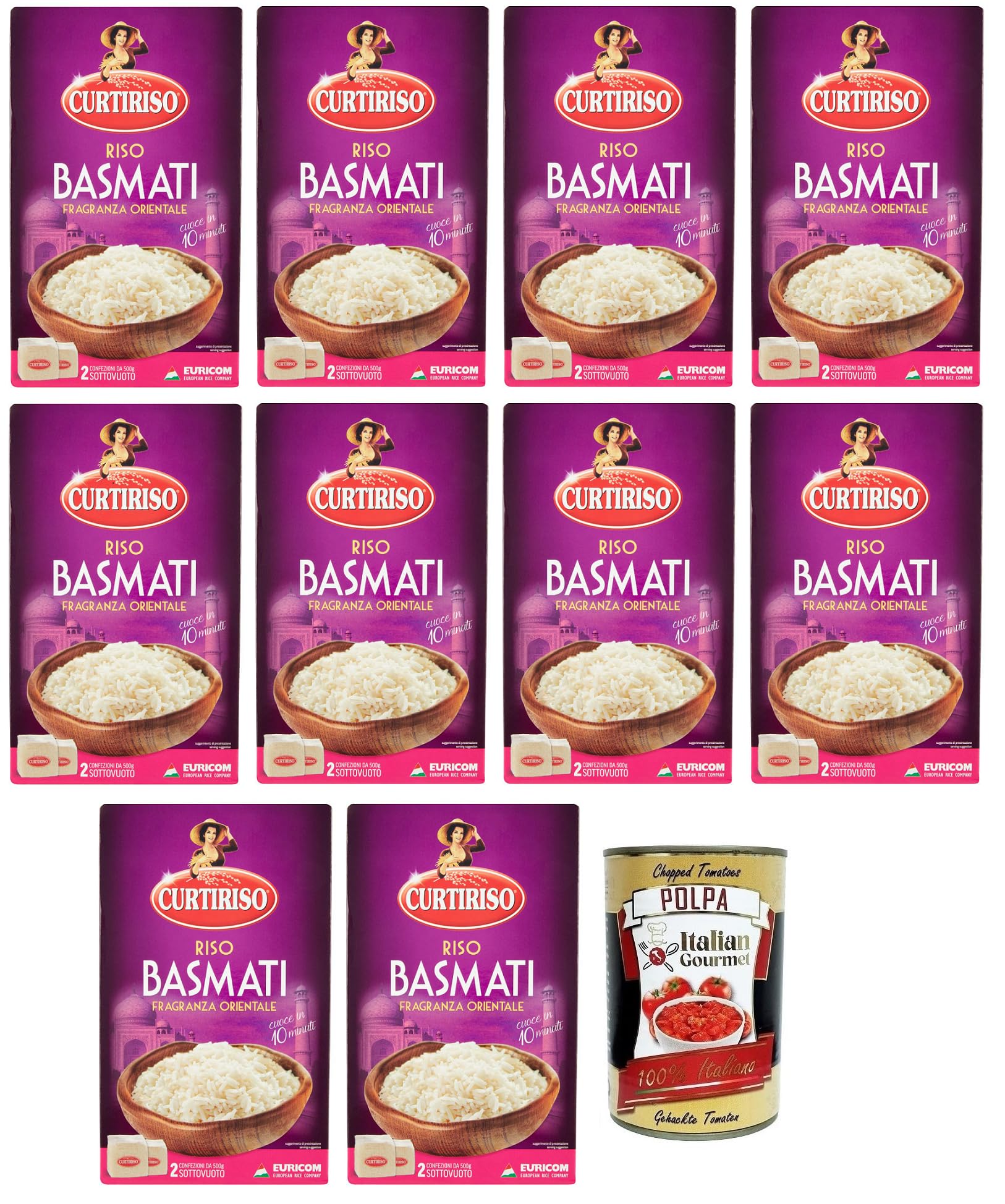 Curtiriso Riso Basmati, fragancia oriental, ideal para platos con carne, pescado y verduras, tiempo de cocción 10 minutos, paquete de 1 kg + lata italiana gourmet Polpa di Pomodoro de 400 g