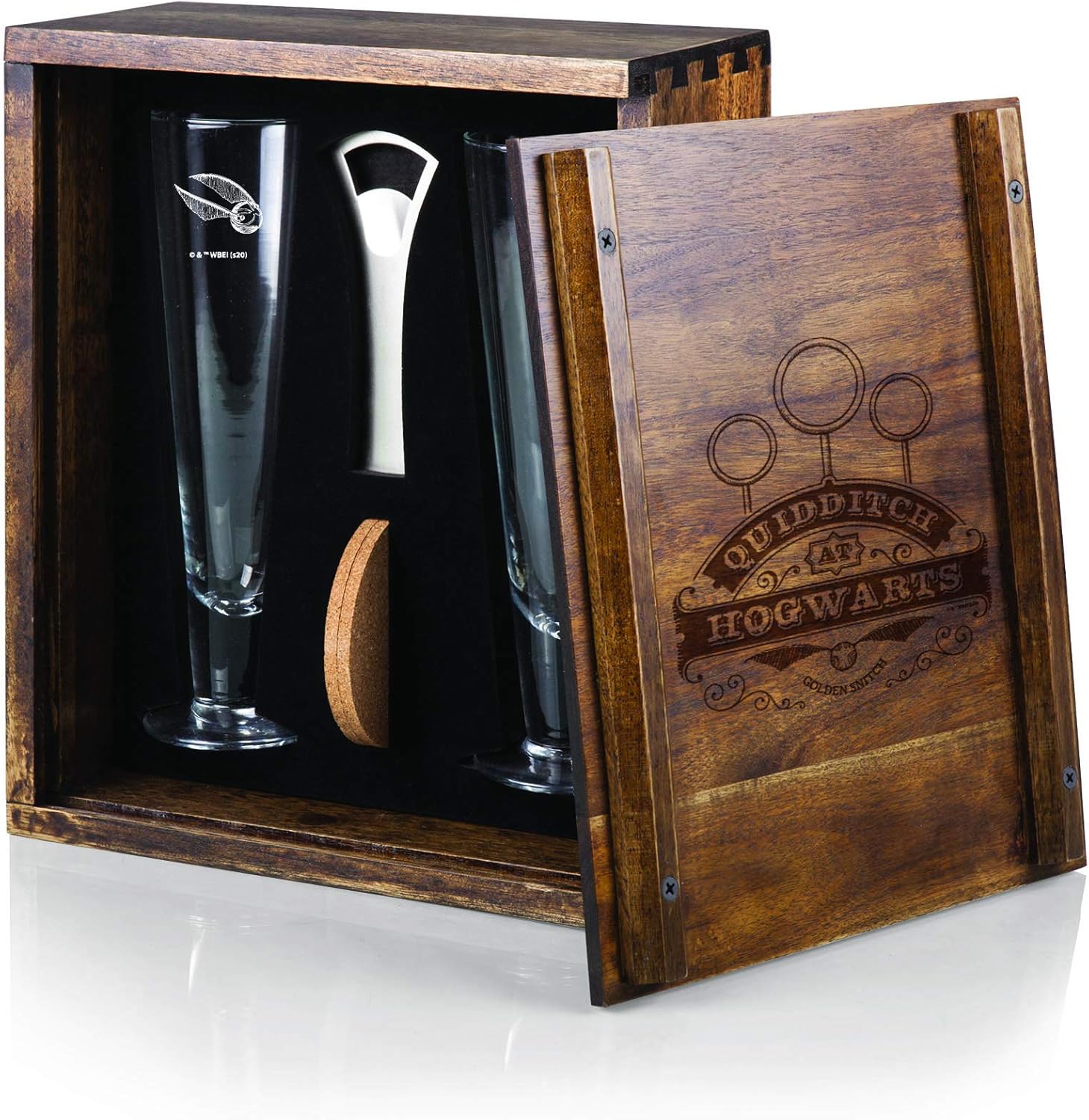 PICNIC TIME Harry Potter Quidditch Drinking Glasses Gift Set, Engraved 12 oz Glassware with Acacia Wood Box Bottle Opener and Coasters, Collectible Drinkware, (Acacia Wood)