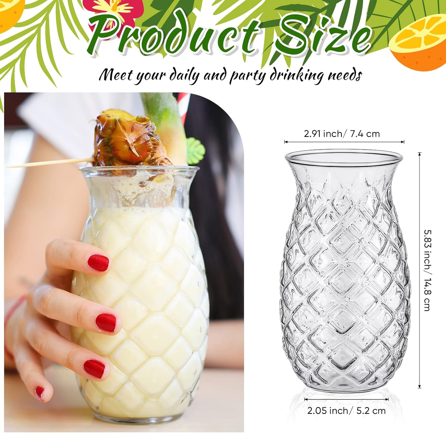 Zubebe Set of 8 Tiki Pineapple Glasses 17 oz Retro Relief Cups Clear Pineapple Drinking Cup for Wine Cocktail Drink Martini Whiskey Juice Outdoor Pool Party Picnics