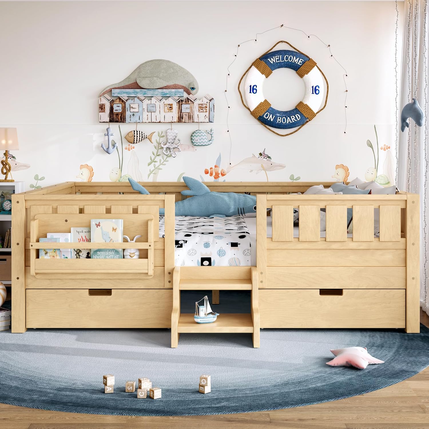 Bellemave Full Size Bed Frame with Storage Drawers & Bookshelf, Low Profile Kids Bed with Staircase & Full Length Guardrails, Solid Wood Full Size Bed Frame Kids with Slats Load 450 LBS, Natural