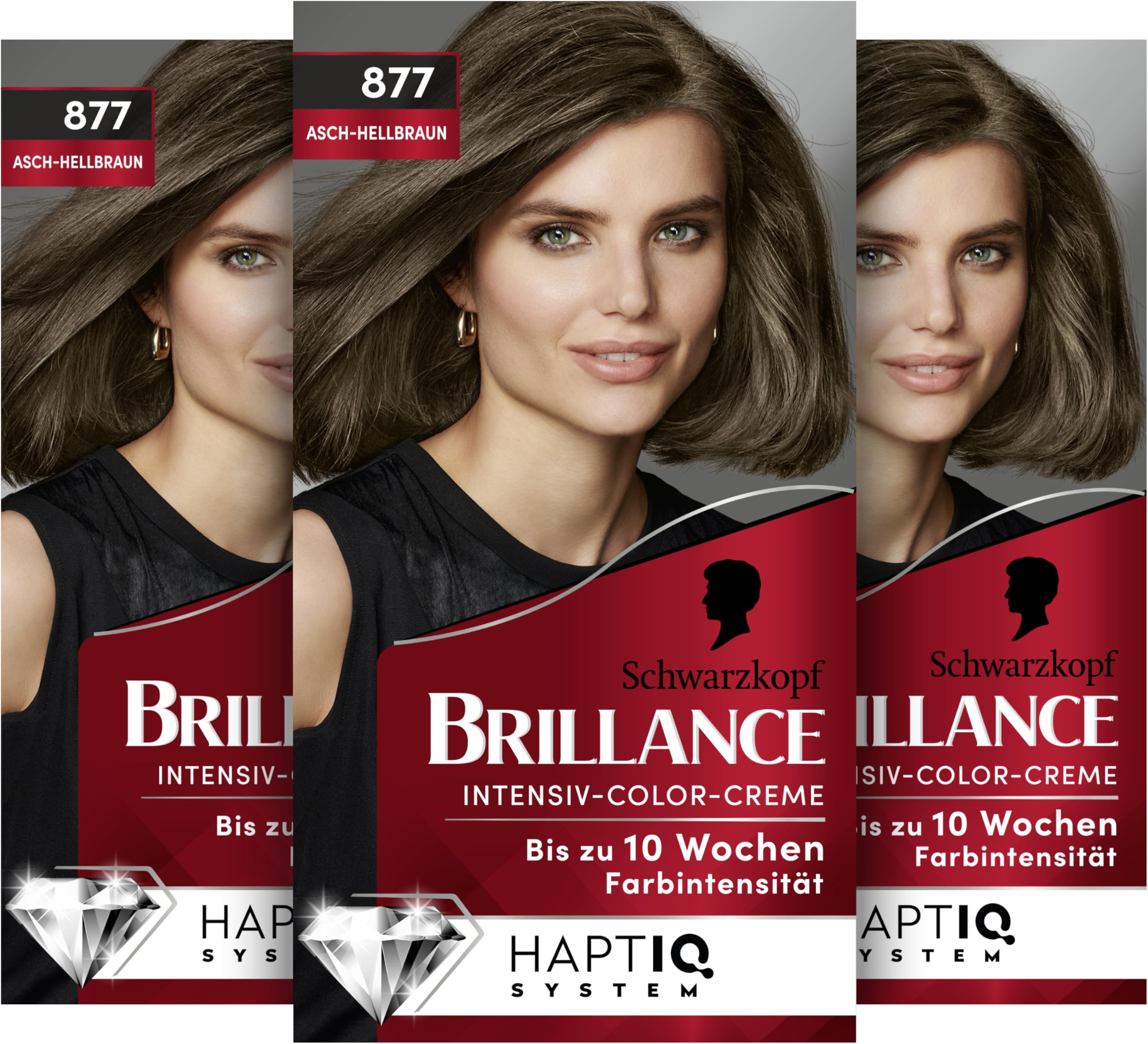 Brillance Intensiv-Color-Creme 877 Asch-Hellbraun (3x170 ml), dauerhafte Haarfarbe mit Diamant-Glanz und Pflege-Conditioner, Coloration für 10 Wochen Farbintensität und 100% Grauabdeckung