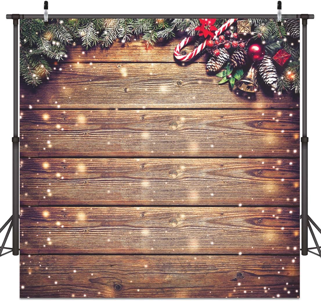 8x8ft Christmas Backdrop Snowflake Gold Glitter Christmas Wood Wall Photography Backdrop Xmas Rustic Barn Vintage Wooden Floor Background for Kids Portrait Photo Studio Booth