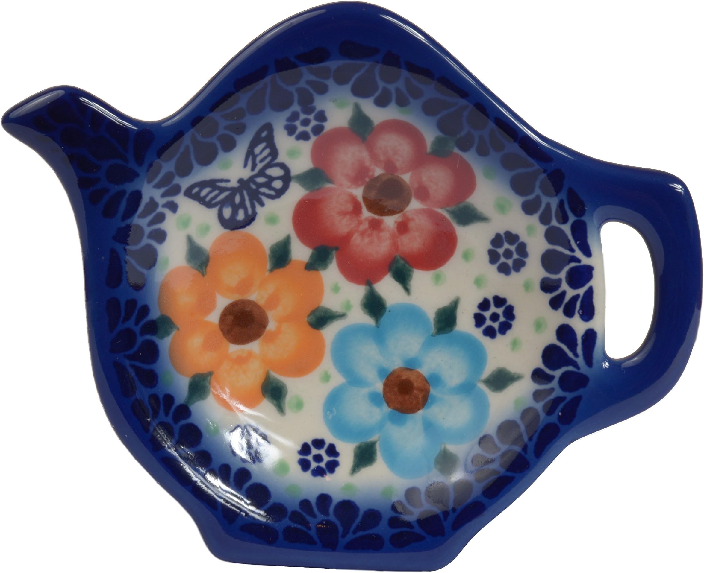 Traditional Polish Pottery, Handcrafted Ceramic Teapot-Shaped Tea Bag Tidy Holder or Spoon Rest, D.10cm, Boleslawiec Style Pattern, H.301.Meadow