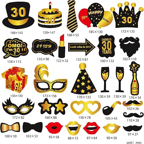 Miniatura 2 de Kit de 30 piezas de accesorios para cabina de fotos de cumpleaños, divertido juego de accesorios para fotos de cumpleaños número 30 negro y dorado