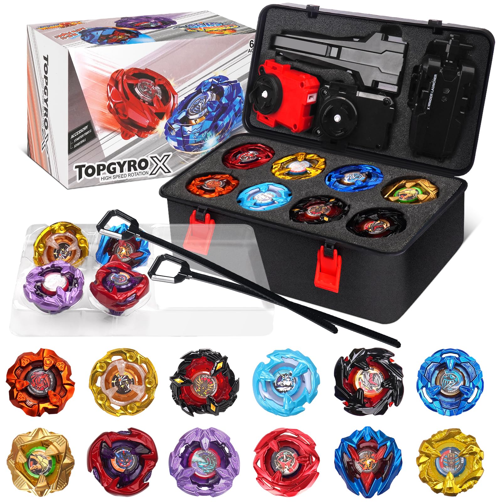 12 X Right-Spin Blade Tops Set with 3 Launchers, 1 Grip, Battle Toy Ages 6+