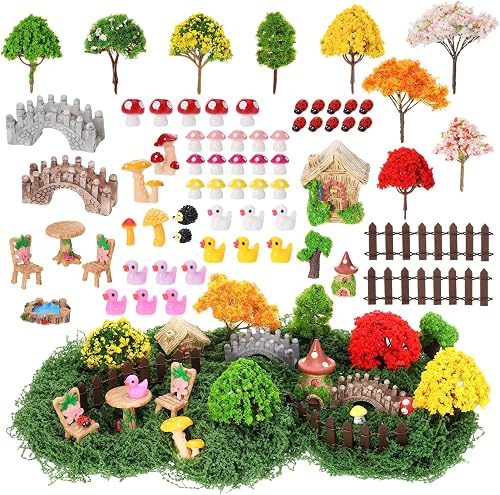 68 Pcs Fairy Garden Accessories Mini Resin Animals Figures Miniature Ducks Mushroom Ladybug Table and Chairs Bridge Pond Fence Moss Bonsai Landscape Ornaments Kit for Garden DIY Craft
