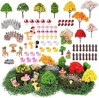 68 Pcs Fairy Garden Accessories Mini Resin Animals Figures Miniature Ducks Mushroom Ladybug Table and Chairs Bridge Pond Fence Moss Bonsai Landscape Ornaments Kit for Garden DIY Craft
