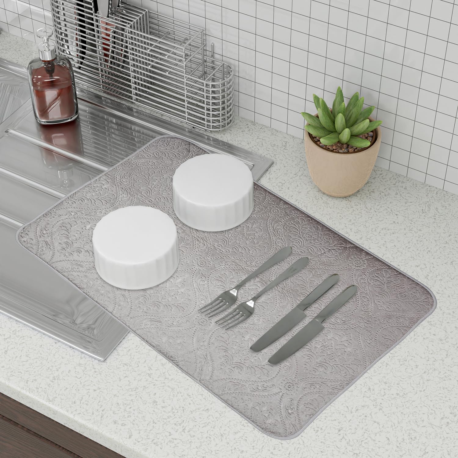 Kuber Industries Abtropfmatte, Mikrofaser-Abtropfmatte, selbstreinigende Trockenmatte, wasserabsorbierende Küchenmatte, geprägte Abtropfmatte, 38 x 50 cm, 3 Stück, Grau