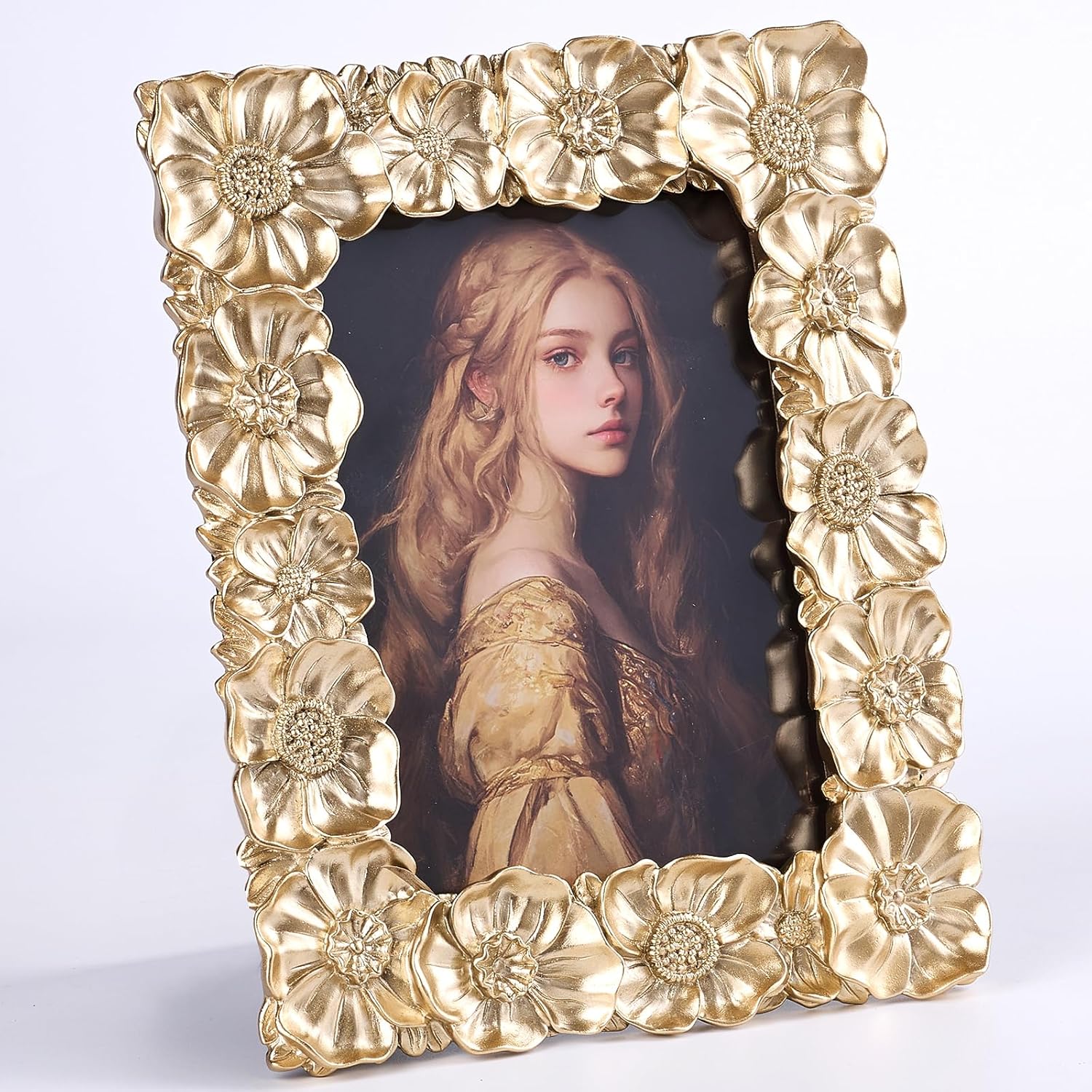 5x7 Yellow Daisy Picture Frame, Modern Daisy Textured Ornate Photo Frame, Hand-Crafted Resin Antique Frame with Glass Front, Easel, Hook & Mat for Tabletop Display, Home Decor & Wall Gallery