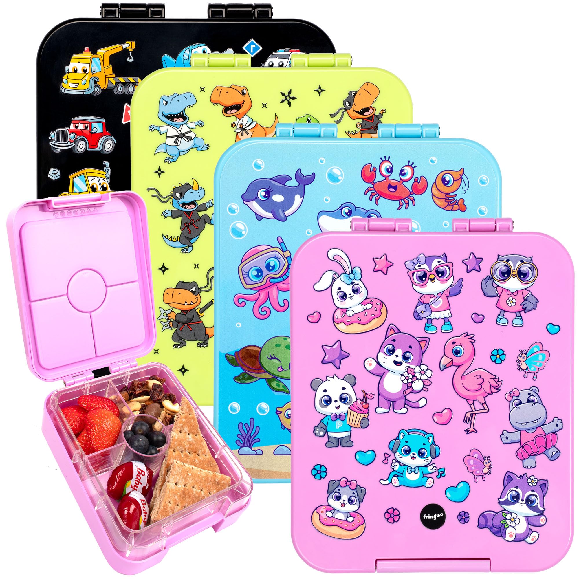 Bento Box - Lunch Box - Leak-Proof, 650ml Capacity, 4 Compartments, BPA-Free, Cute Animals Pink Design