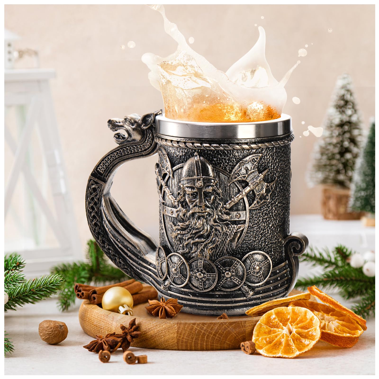 ZENFUN Nordic Viking Ship Dragon Beer Mug, 18/8 Stainless Steel Drinking Tankard, 17.5oz/500ml Wine Coffee Cup, Norse Mythology Poetic Decor Beer Mug, Great Gift for Men