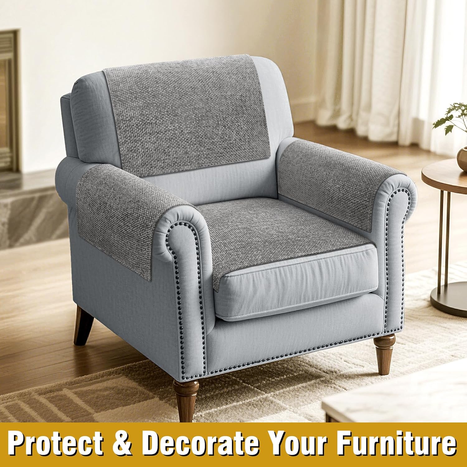 Couch Arm Covers, Sofa Arm Covers, Waterproof Armrest Cover for Sofa, Armchair, Loveseat, Non-Slip Recliner Arm Cover, Headrest Cover, Arm Chair Covers Set of 2 (Gray, 26"×26")