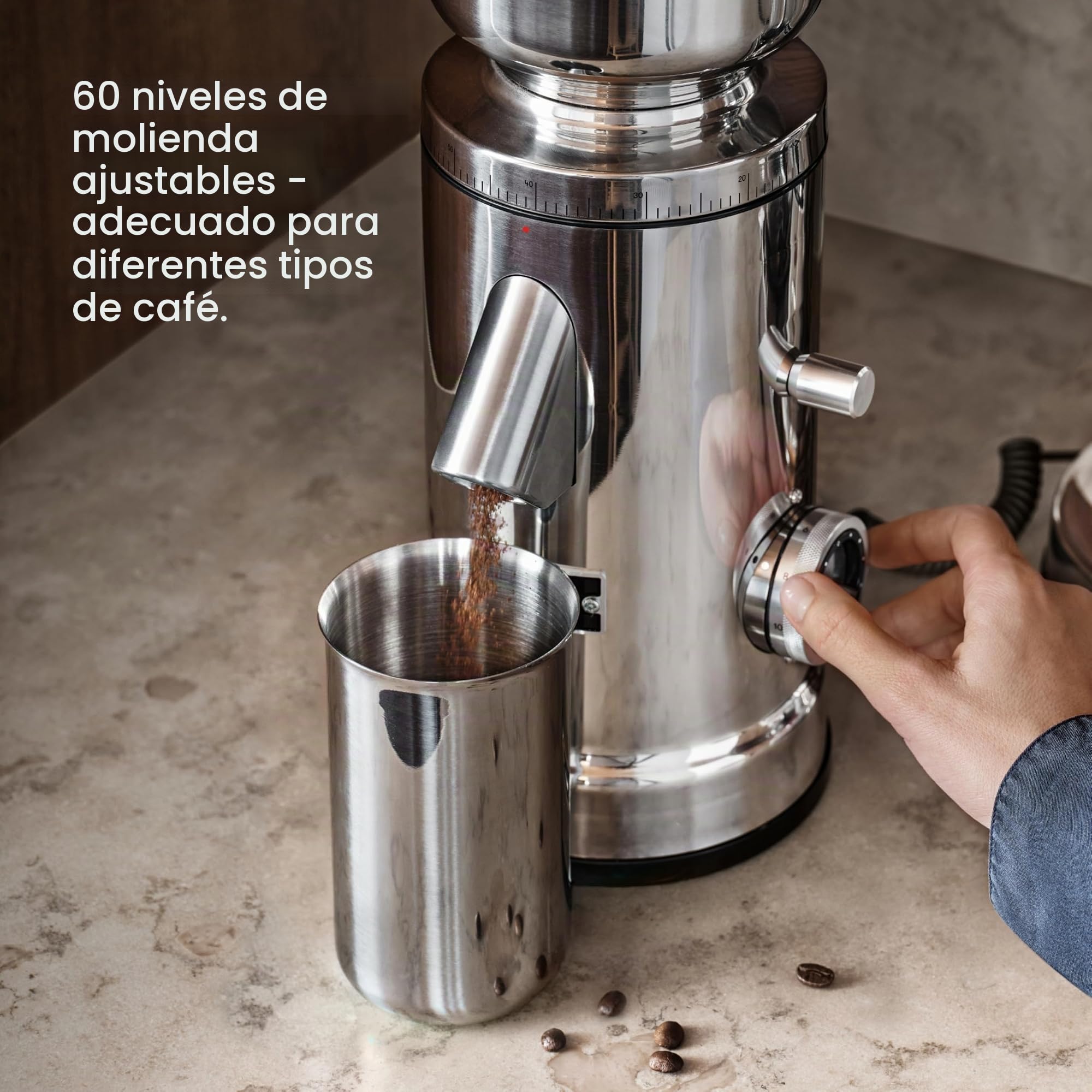 Molinillo de café eléctrico Aarke: molinillo de café de acero inoxidable con nivel de molienda ajustable, discos de molienda de 64 mm, dosificación automática y función de memoria, para espresso.