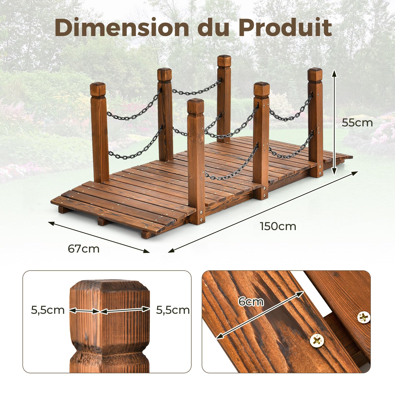 COSTWAY Pont de Jardin en Sapin Carbonisé avec Garde-Corps