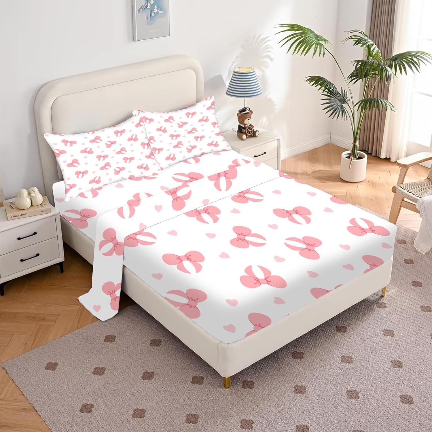 Pink White Bowknot Bedding Set Full/Queen Size, Kawaii Love Heart Bow Sheet Set for Girls Teens Adults, Cartoon Watercolor Bed Sheets (1 Fitted, 1 Flat, 2 Pillowcases)