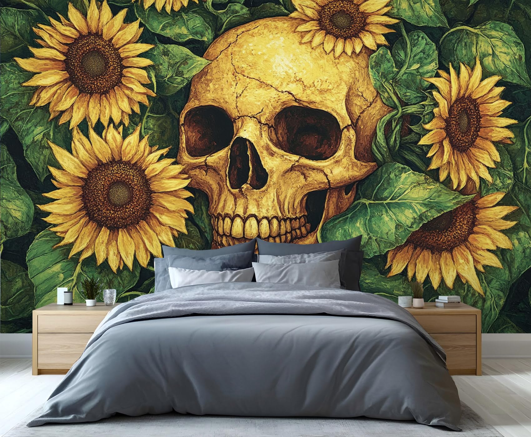 YXQAIED Wallpaper - Sunflower Home Decor & Mural, Gothic Bedroom Wallpaper, Floral Skull Wallpapers for Living Room, Not Self-Adhesive Large Wall Murals