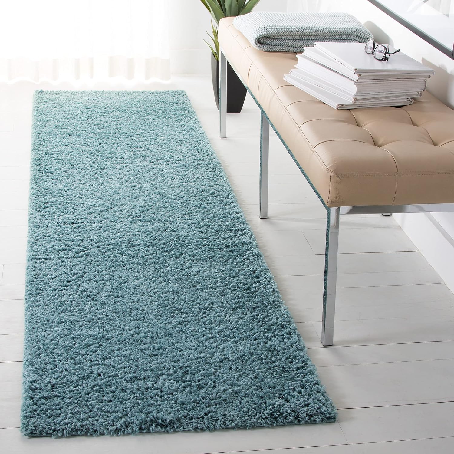 SAFAVIEH Primo Shag Collection Runner Rug - 2'2" x 10', Aqua, Solid Design, Non-Shedding & Easy Care, 1.2-inch Thick Ideal for High Traffic Areas in Living Room, Bedroom (PRM300J)