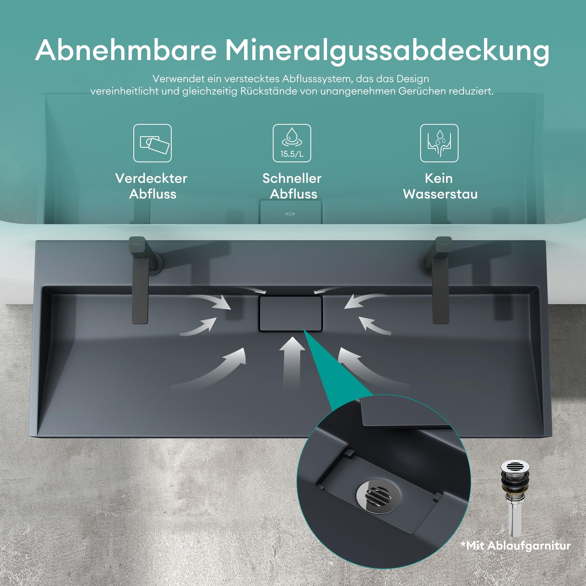 Mai & Mai Waschbecken Matt Anthrazit Aufsatzwaschbecken Hängewaschtisch inkl. Ablaufgarnitur Mineralguss Rechteckig Waschplatz 2-Armaturenloch Breite: 120cm