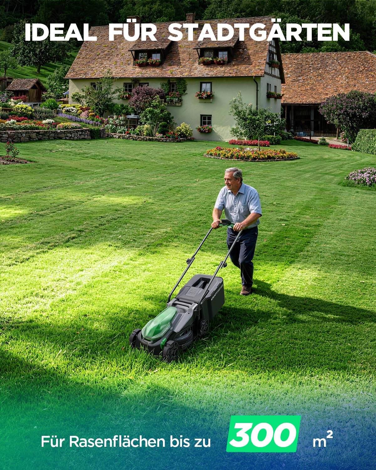 Akku-Rasenmäher für kleine Gärten, 33 cm Arbeitsbreite, bürstenloser Antrieb, 2-in-1 Mulchen & Fangen, mit 5,0 Ah Akkus für bis zu 300 m² pro Ladung, inkl. Typ-C-Ladekabel