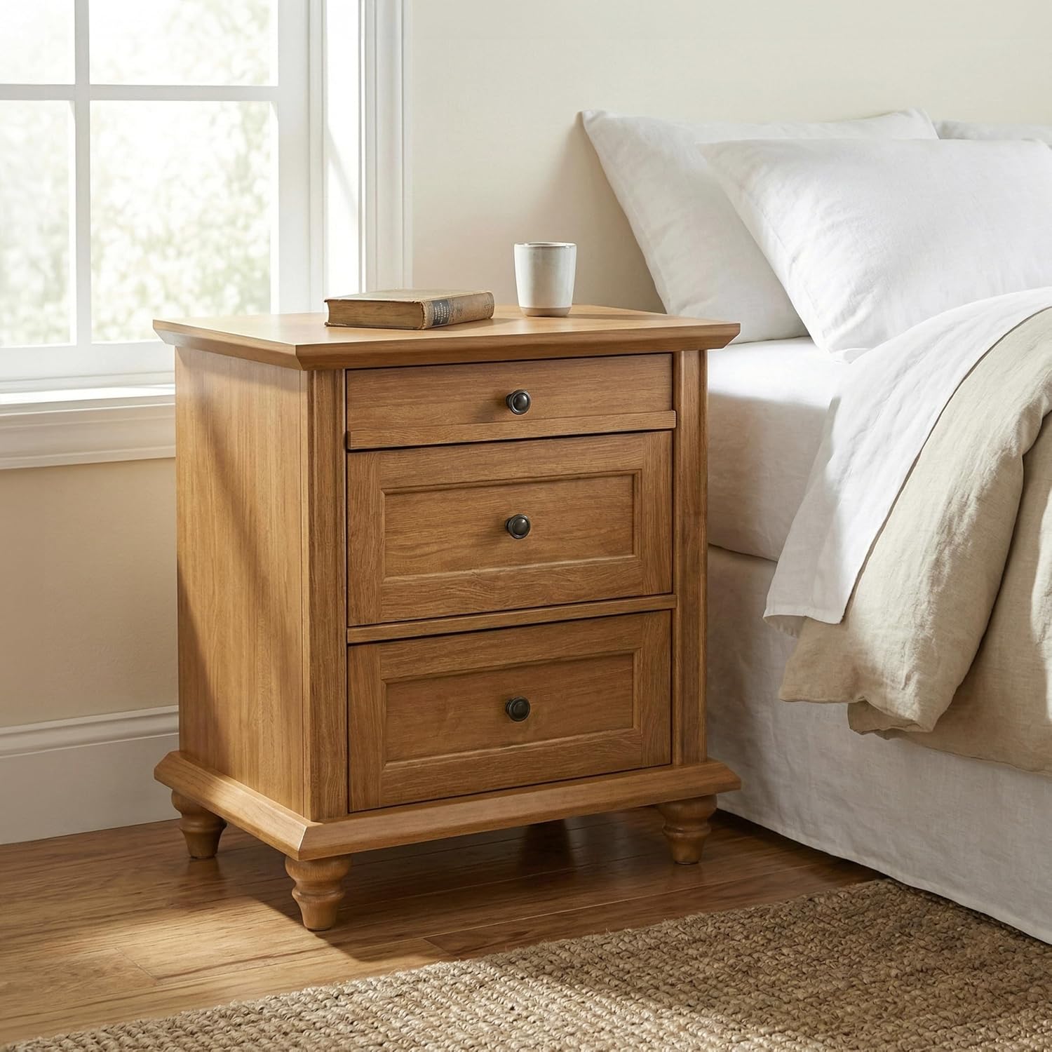 24/7 Shop at Home Brixa Traditional 24-inch Wood Nightstand with 3 Drawers and Ornate Handles, Wooden Night Stand for Bedroom, Apartment, Small Bedside Table, Classic Oak