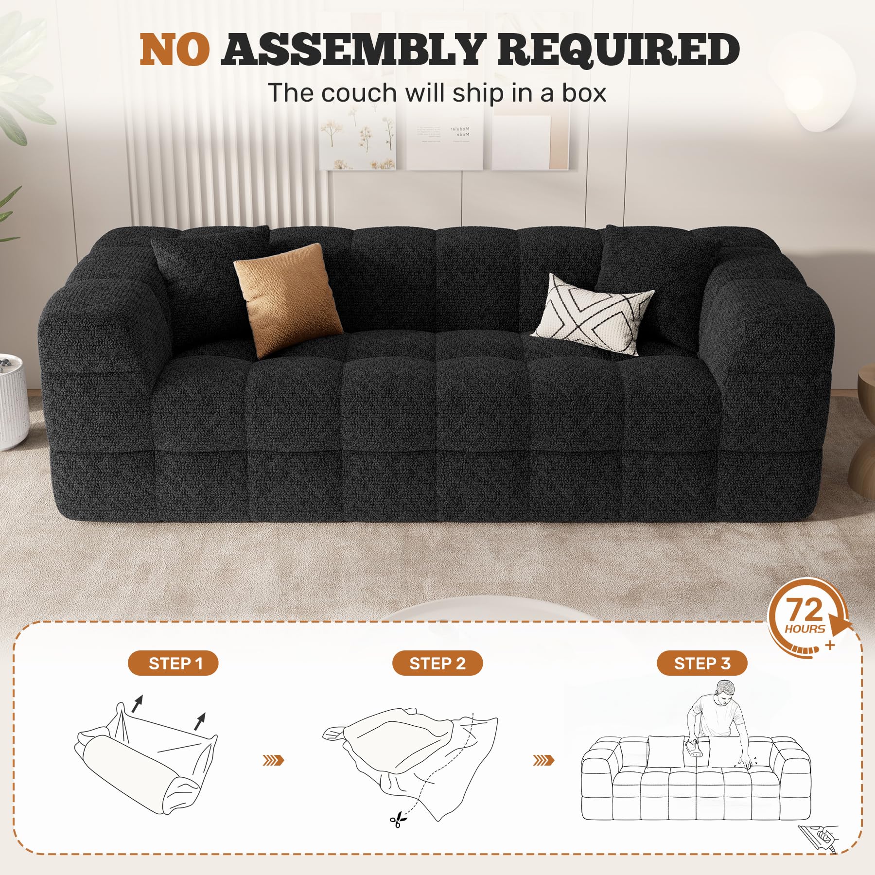 Hawthyhome 2-3 Sitzer Sofa mit Schlaffunktion, Modernes Boneless Couch, Gemütliches Chenille-Sofa mit weichem Bezug, Montagefreie Balkon Couch für Wohnzimmer & Gästezimmer, Schwarz