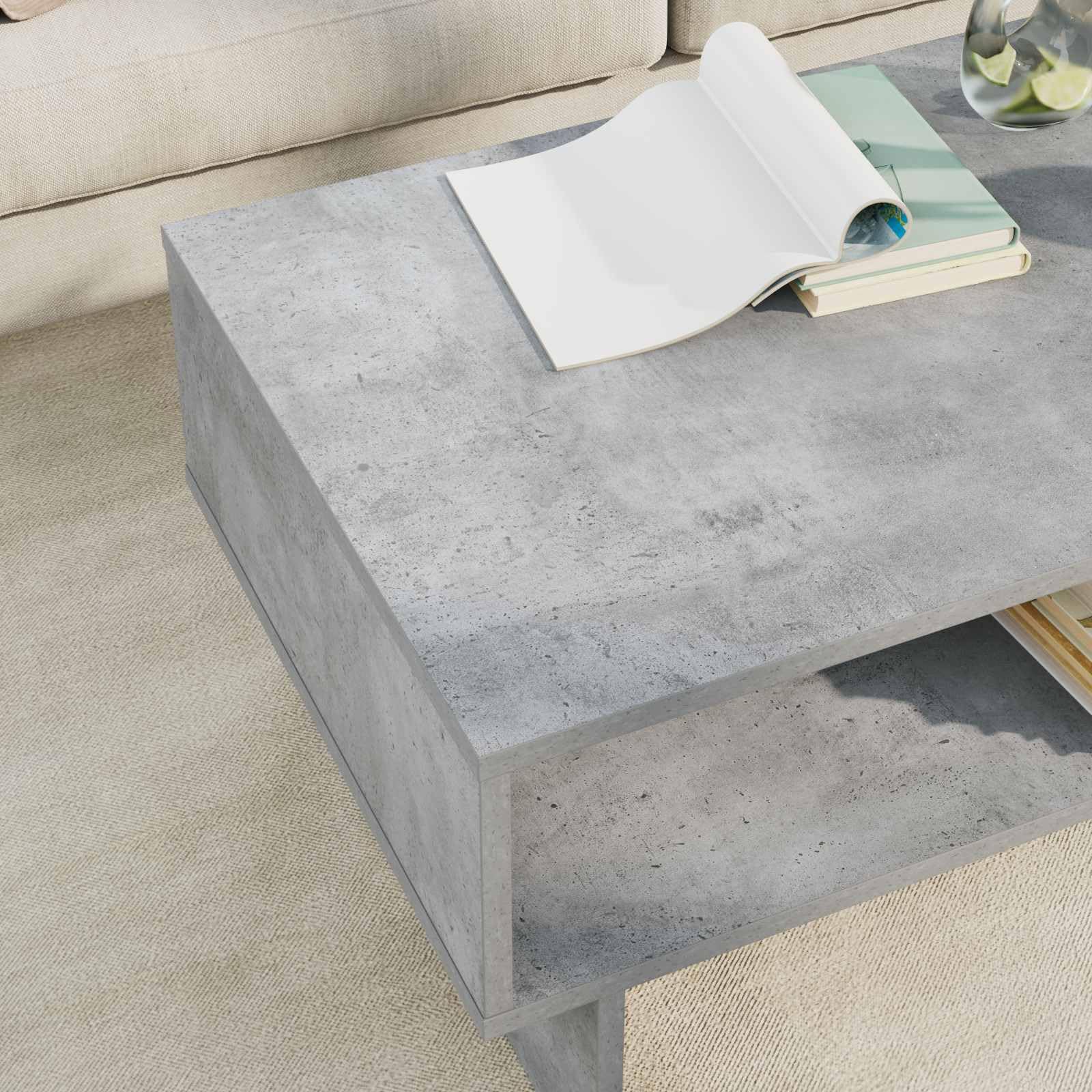 Mesa de centro de hormigón gris 80 x 46 x 35 cm con 2 estantes de madera de diseño moderno, robusta y duradera, pequeña mesa de salón para salón